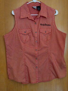 Harley Davidson Sleeveless Button Up Shirt Womens 1W 16/18 Orange Rhinestones